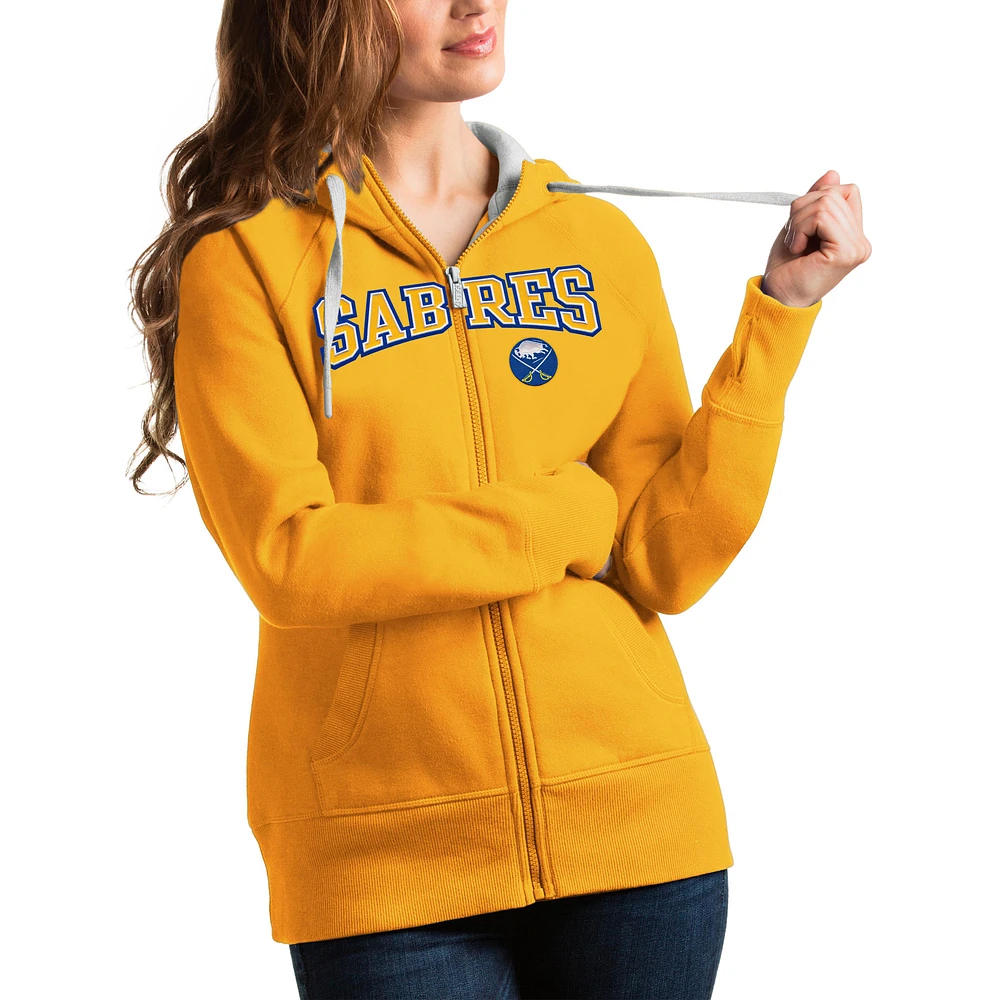 Women's Antigua Gold Buffalo Sabres Wordmark Victory Full-Zip Hoodie