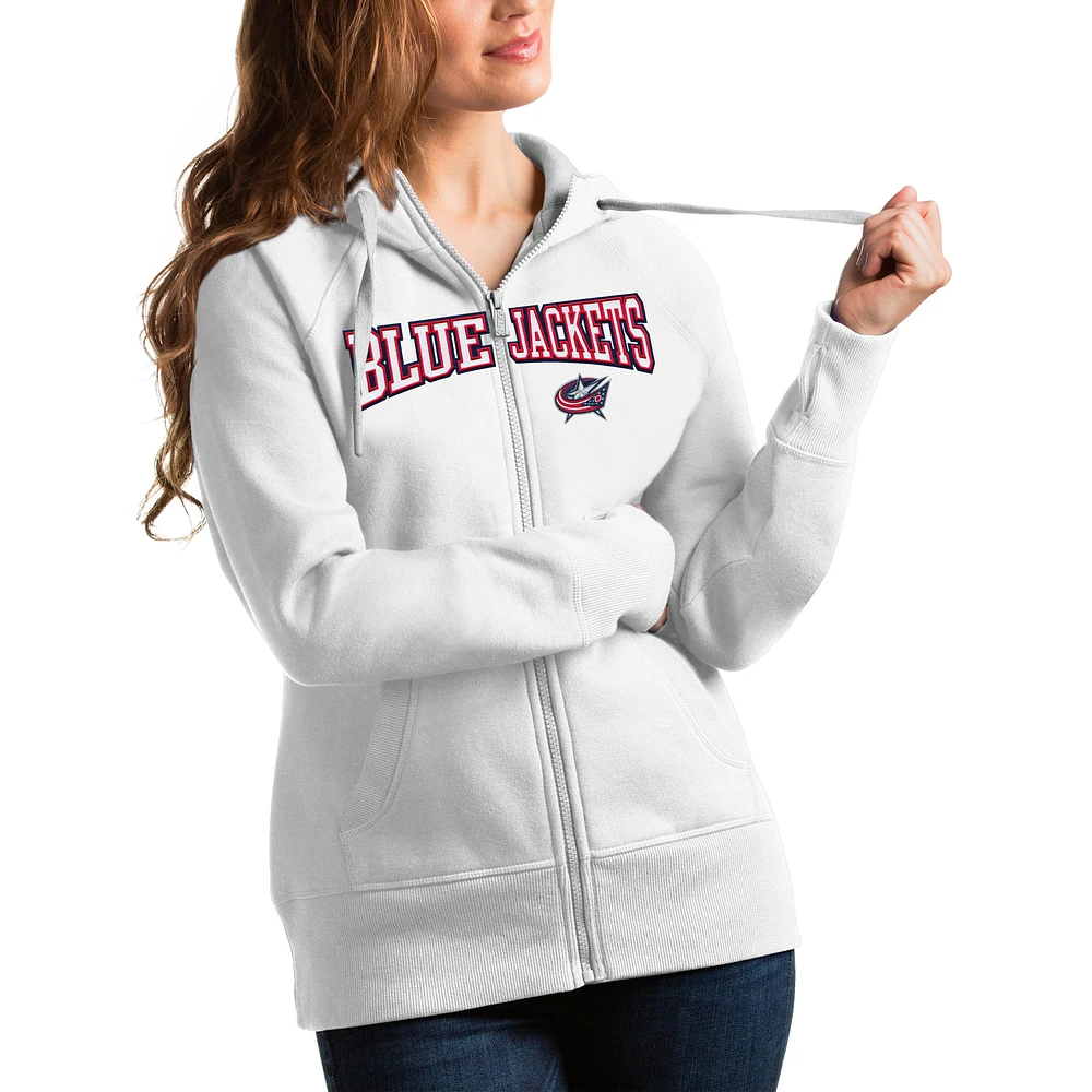 Women's Antigua White Columbus Blue Jackets Wordmark Victory Full-Zip Hoodie