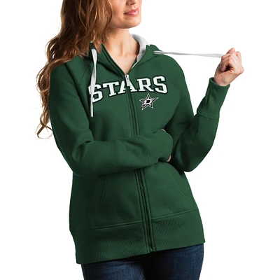 Women's Antigua Hunter Green Dallas Stars Wordmark Victory Full-Zip Hoodie