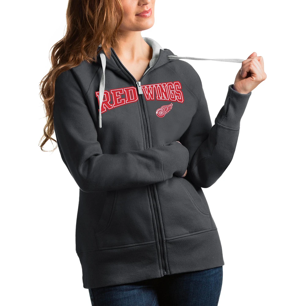 Women's Antigua Charcoal Detroit Red Wings Wordmark Victory Full-Zip Hoodie