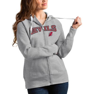 Women's Antigua Heathered Gray New Jersey Devils Wordmark Victory Full-Zip Hoodie