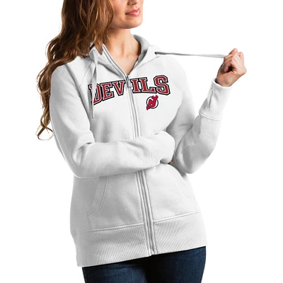 Women's Antigua White New Jersey Devils Wordmark Victory Full-Zip Hoodie