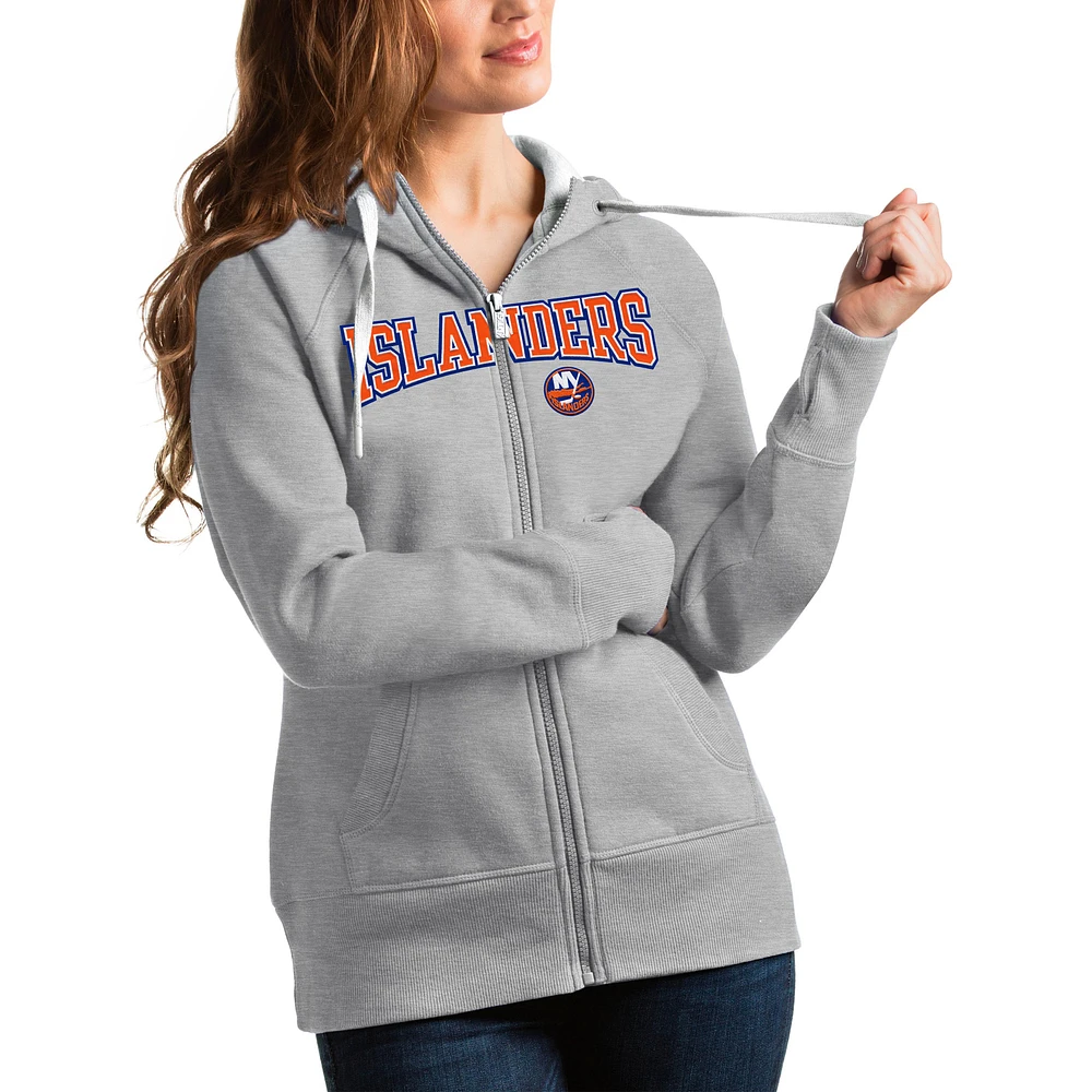 Women's Antigua Heathered Gray New York Islanders Wordmark Victory Full-Zip Hoodie