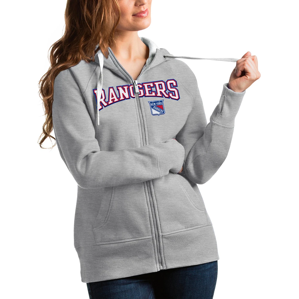 Women's Antigua Heathered Gray New York Rangers Wordmark Victory Full-Zip Hoodie