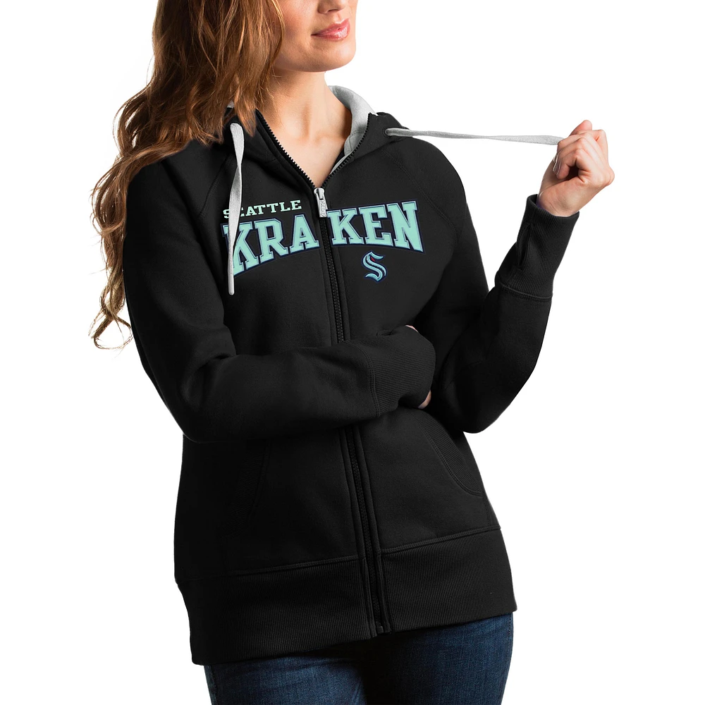 Women's Antigua Black Seattle Kraken Wordmark Victory Full-Zip Hoodie