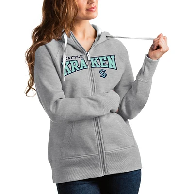 Women's Antigua Heathered Gray Seattle Kraken Wordmark Victory Full-Zip Hoodie