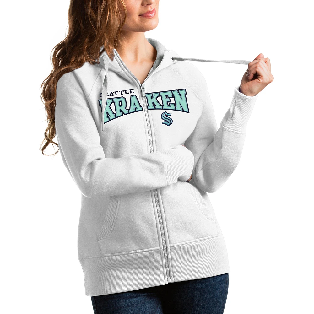 Women's Antigua White Seattle Kraken Wordmark Victory Full-Zip Hoodie