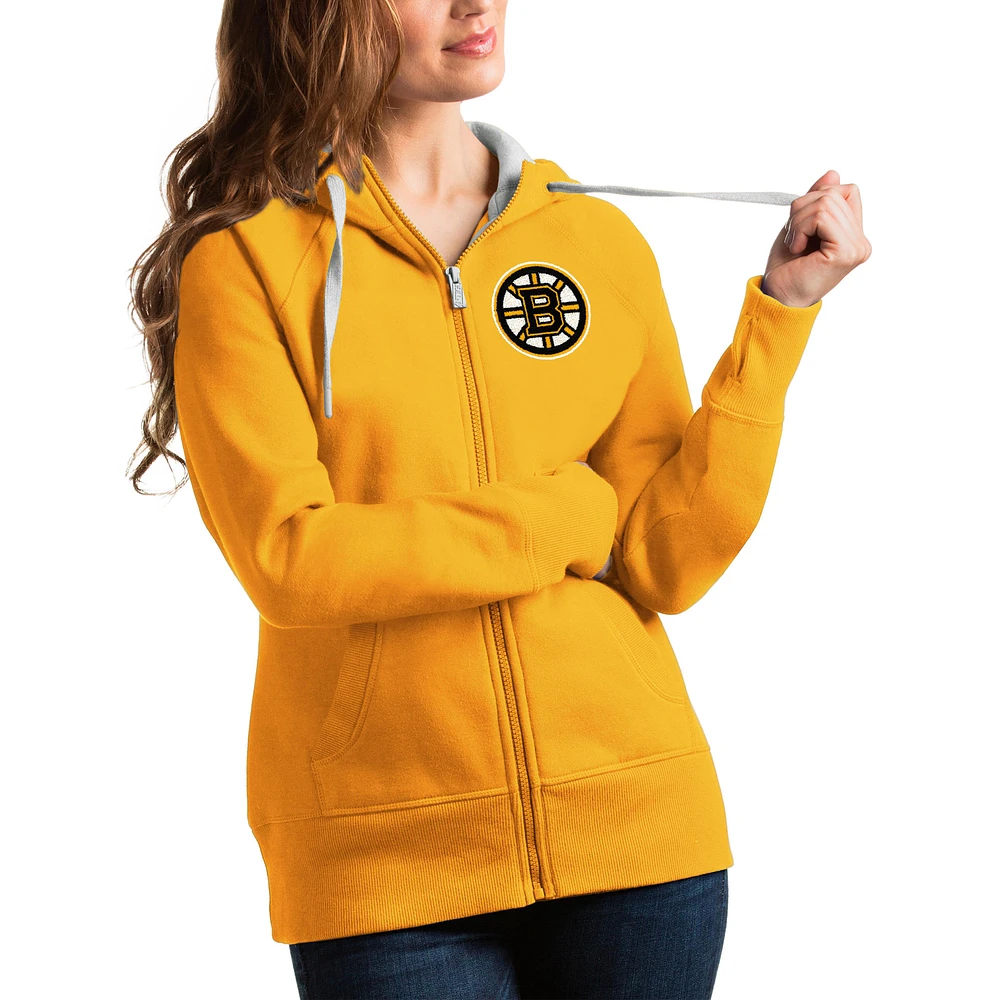 Women's Antigua Gold Boston Bruins Victory Full-Zip Hoodie