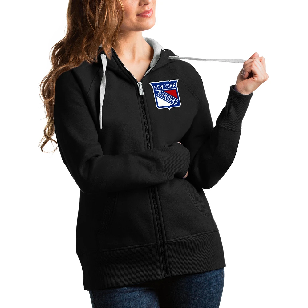 Women's Antigua Black New York Rangers Victory Full-Zip Hoodie