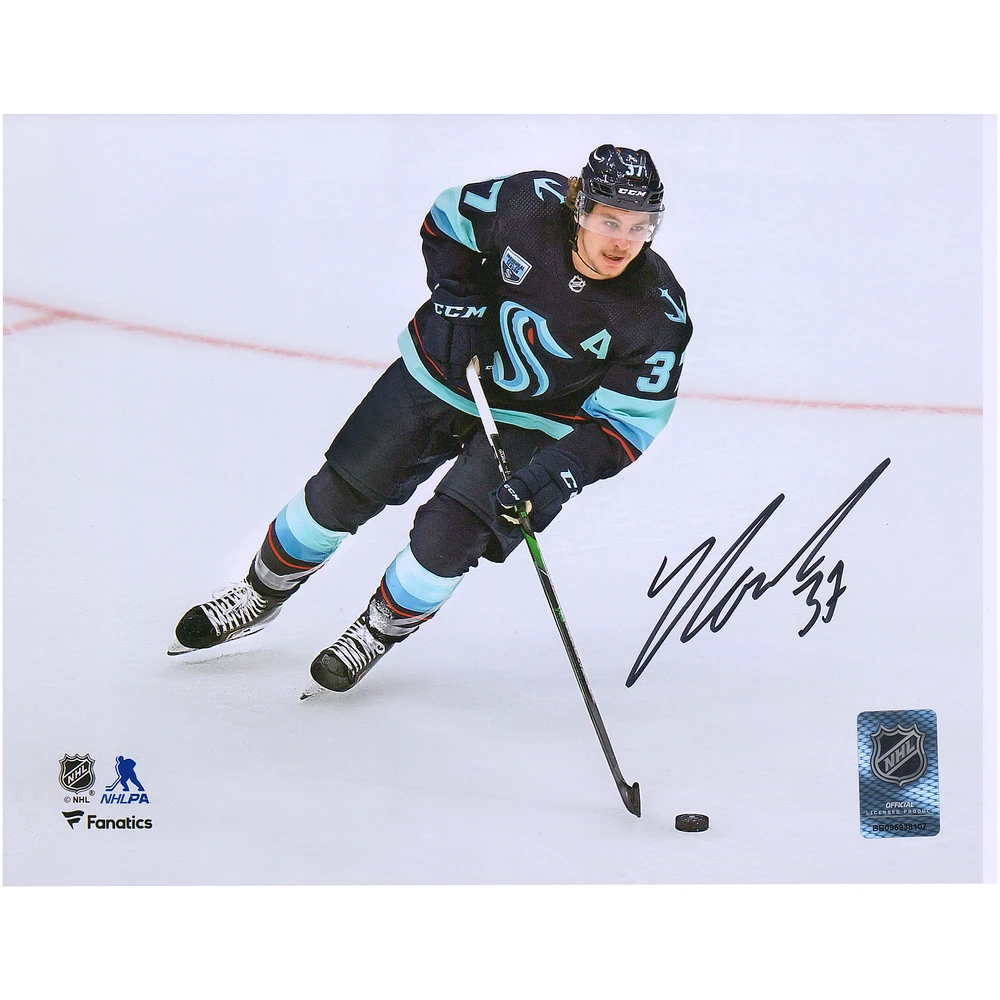 Yanni Gourde Seattle Kraken Autographed 8'' x 10'' Deep Sea Blue Jersey Skating Photograph