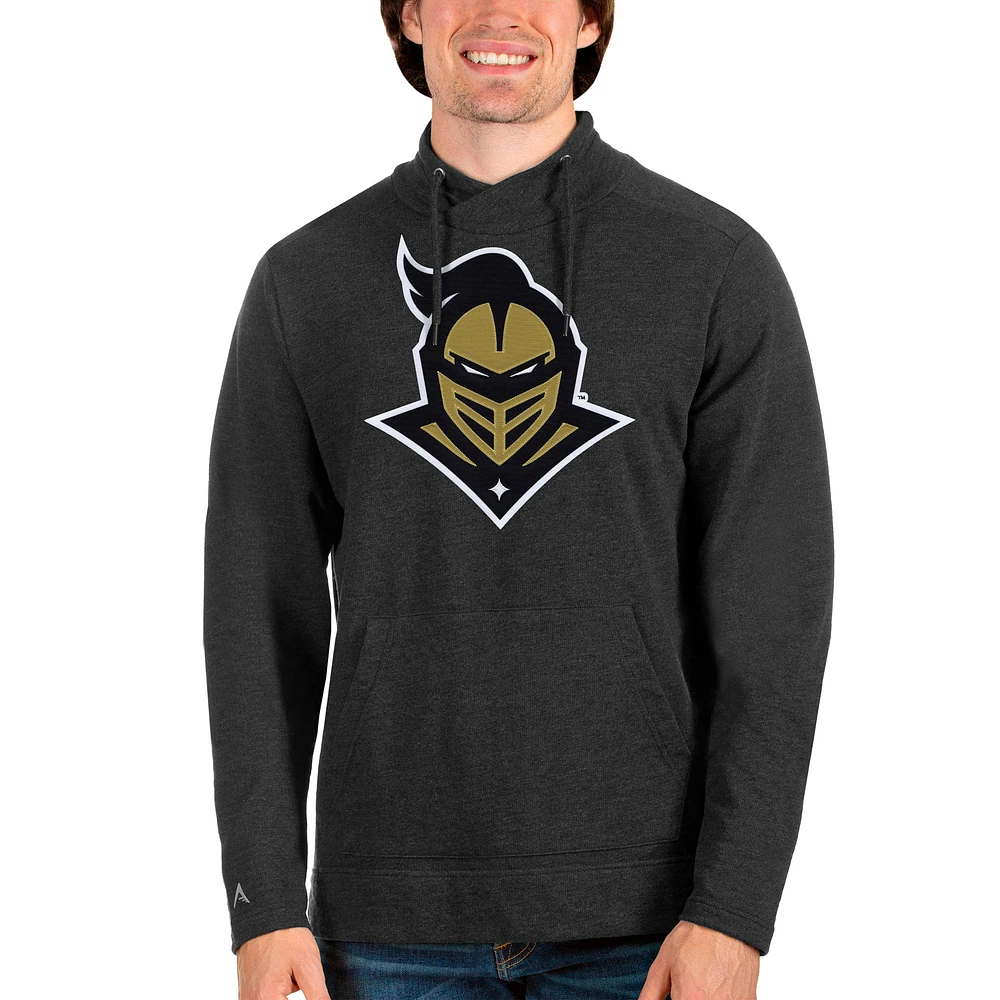 Men's Antigua Heathered Black UCF Knights Team Logo Reward Crossover Neckline Pullover Sweatshirt