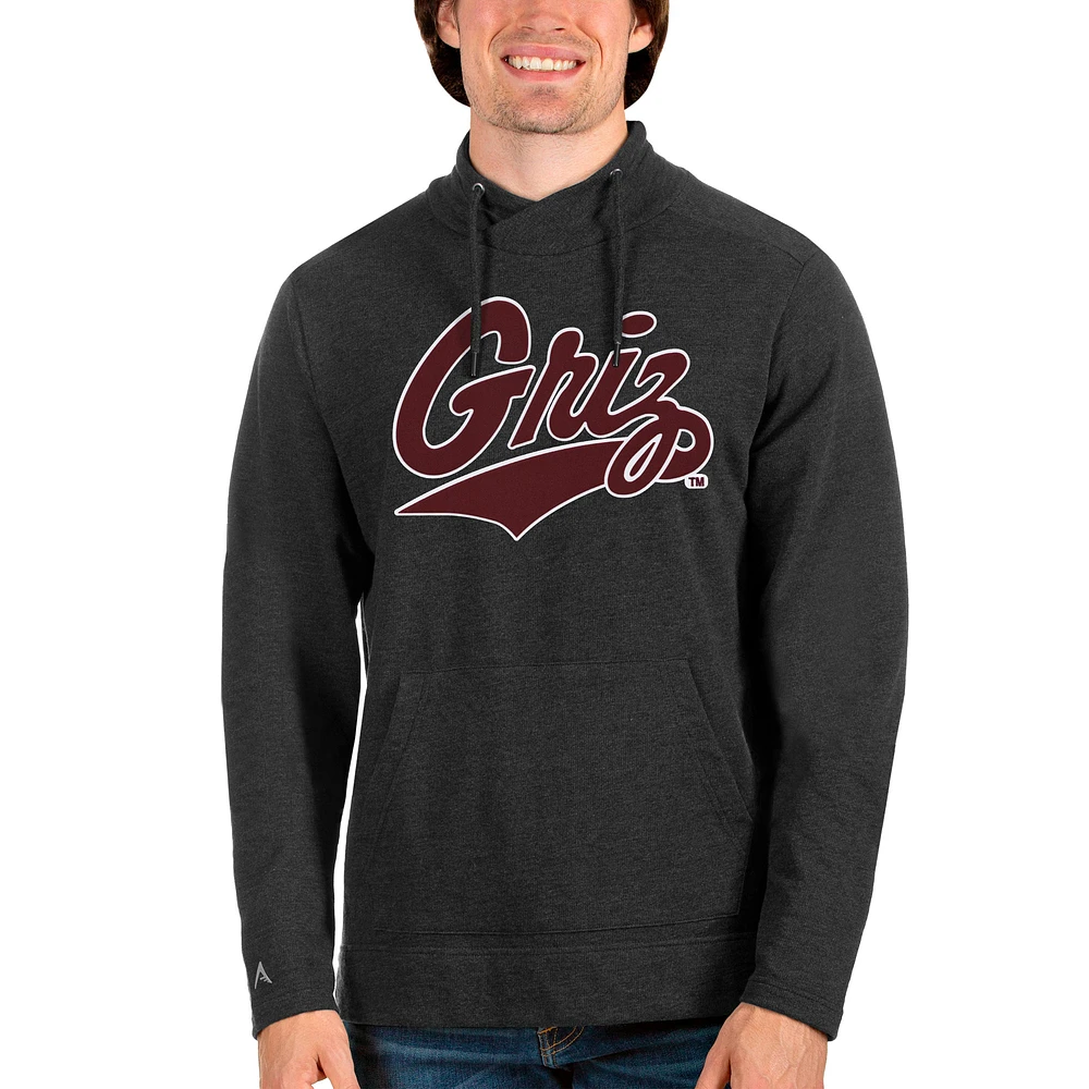 Men's Antigua Heathered Black Montana Grizzlies Team Logo Reward Crossover Neckline Pullover Sweatshirt