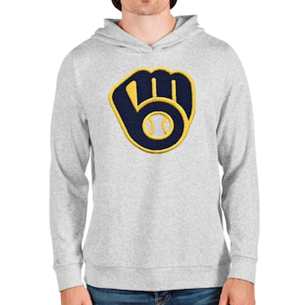 Men's Antigua Heathered Gray Milwaukee Brewers Team Logo Absolute Pullover Hoodie