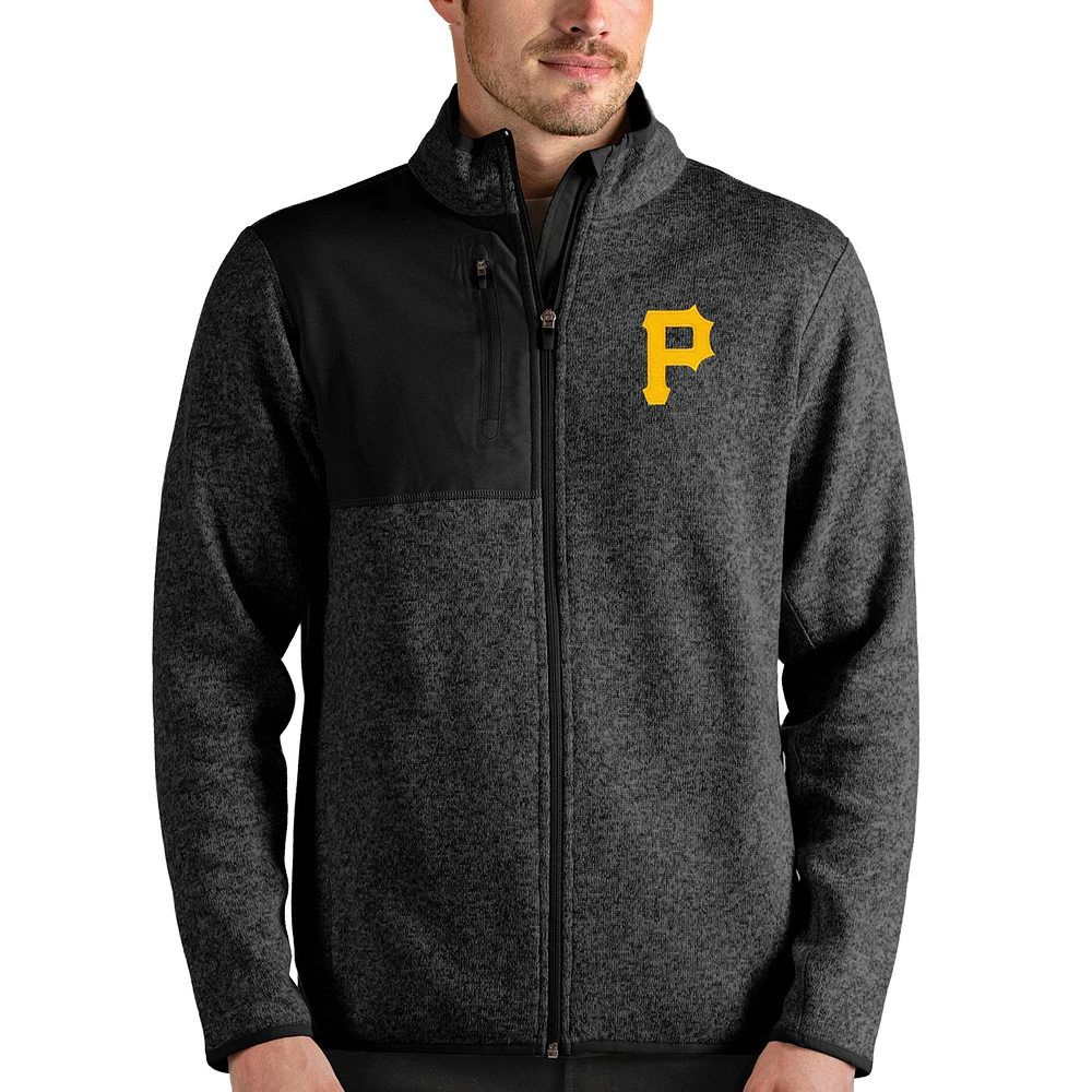 Men's Antigua Heathered Black Pittsburgh Pirates Fortune Full-Zip Jacket