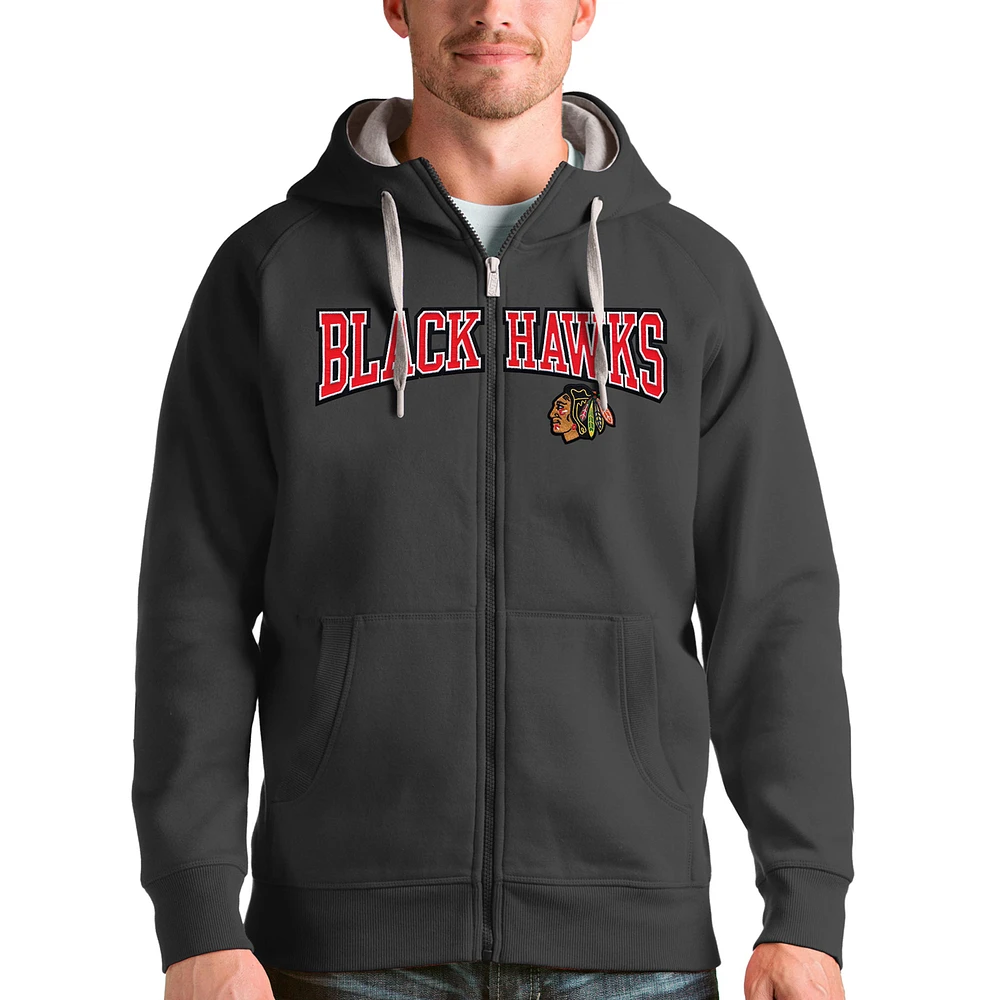 Men's Antigua Charcoal Chicago Blackhawks Wordmark Victory Full-Zip Hoodie