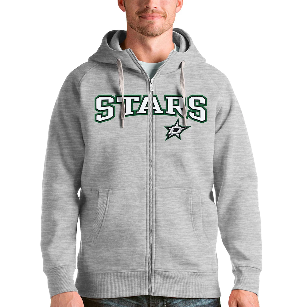 Men's Antigua Heathered Gray Dallas Stars Wordmark Victory Full-Zip Hoodie