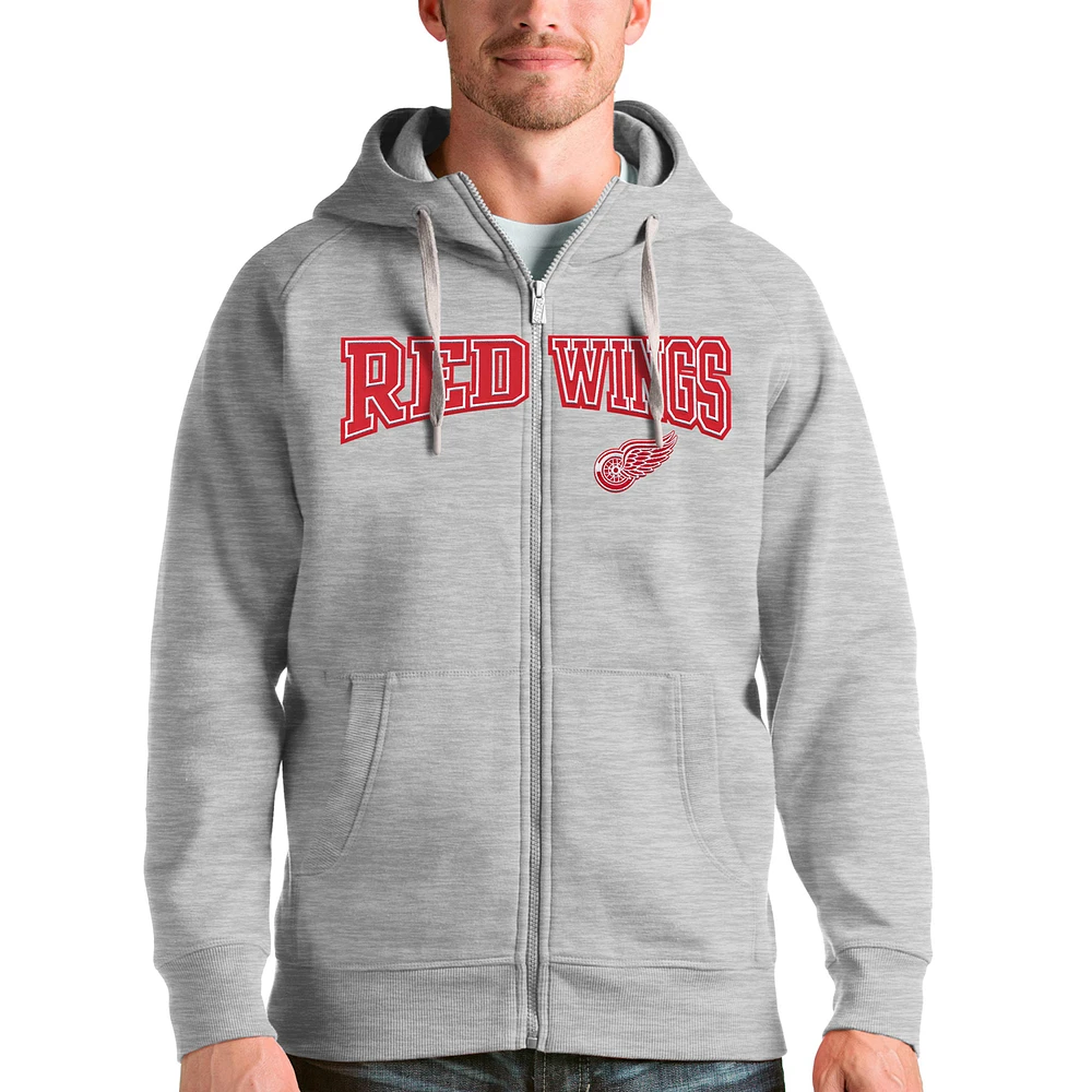 Men's Antigua Heathered Gray Detroit Red Wings Wordmark Victory Full-Zip Hoodie