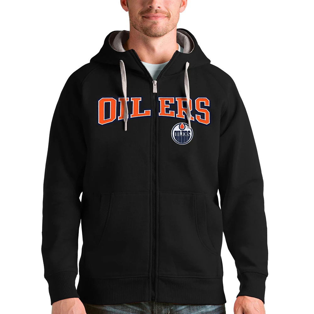 Men's Antigua Black Edmonton Oilers Wordmark Victory Full-Zip Hoodie