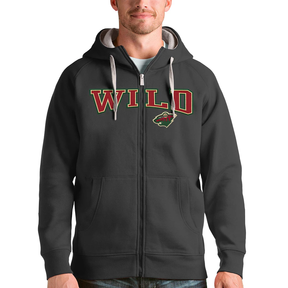 Men's Antigua Charcoal Minnesota Wild Wordmark Victory Full-Zip Hoodie