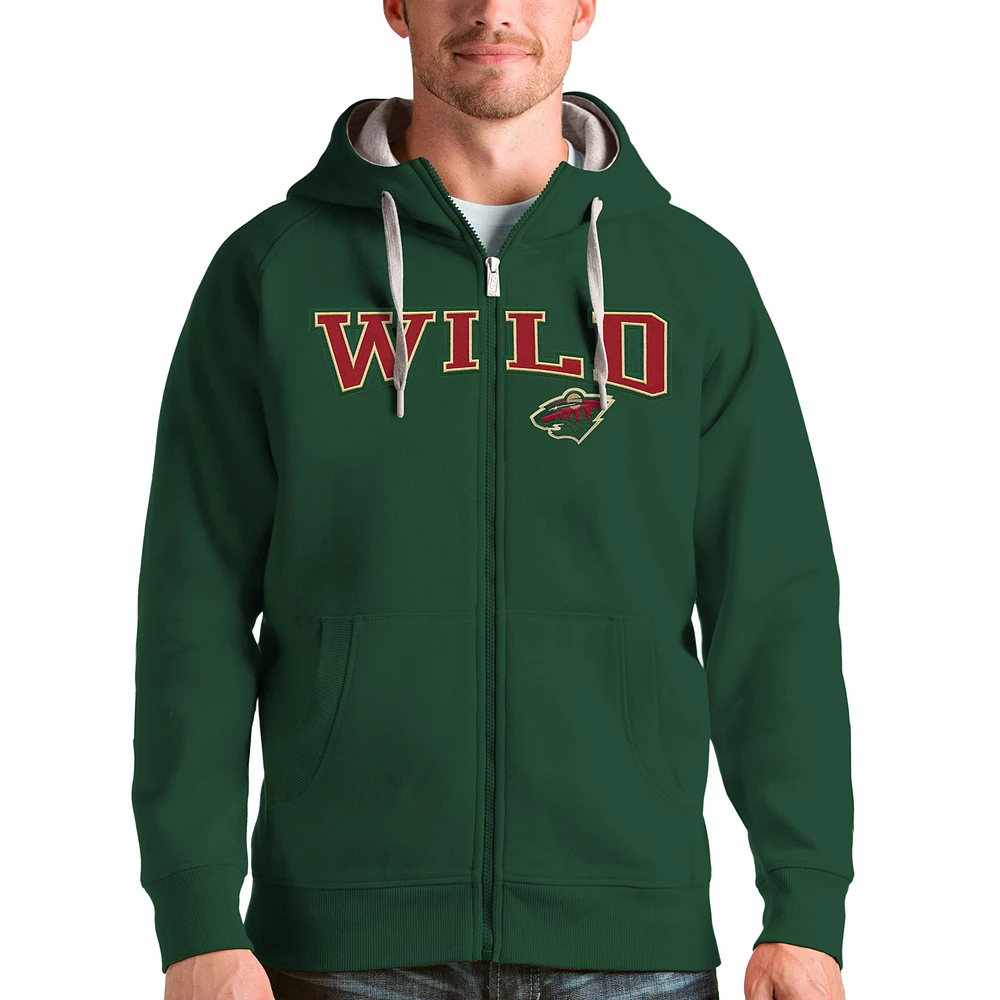 Men's Antigua Hunter Green Minnesota Wild Wordmark Victory Full-Zip Hoodie