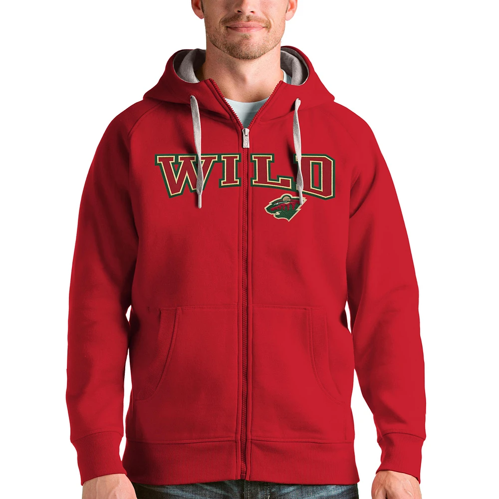 Men's Antigua Red Minnesota Wild Wordmark Victory Full-Zip Hoodie