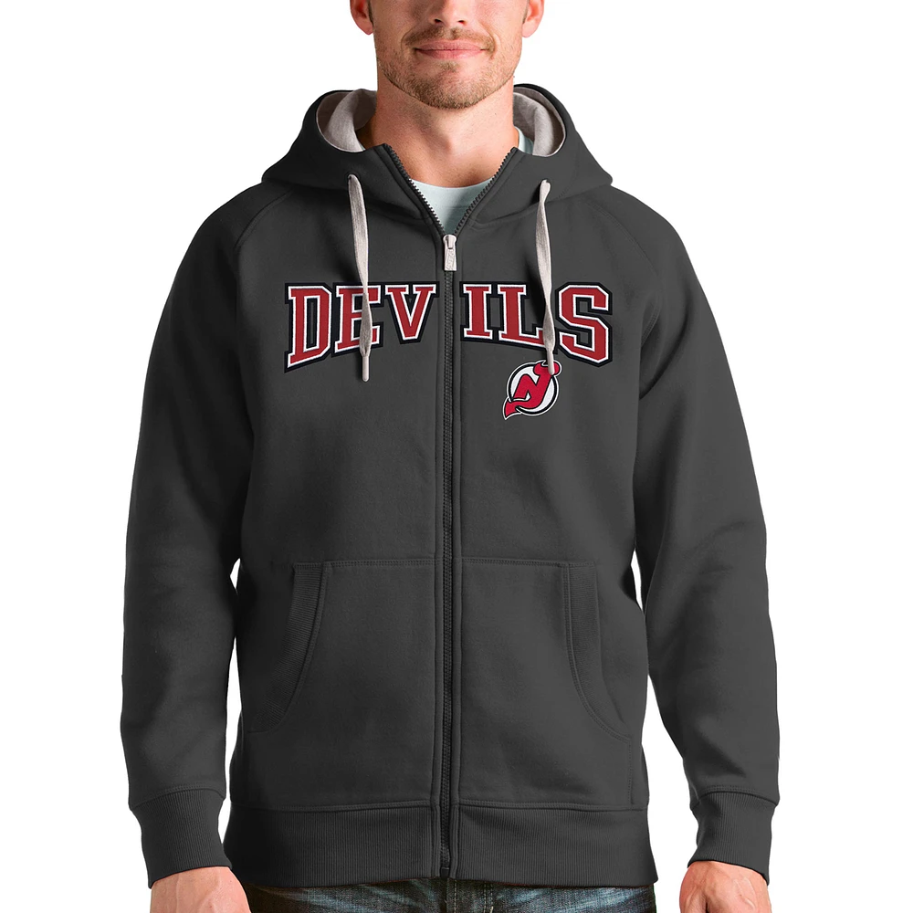 Men's Antigua Charcoal New Jersey Devils Wordmark Victory Full-Zip Hoodie