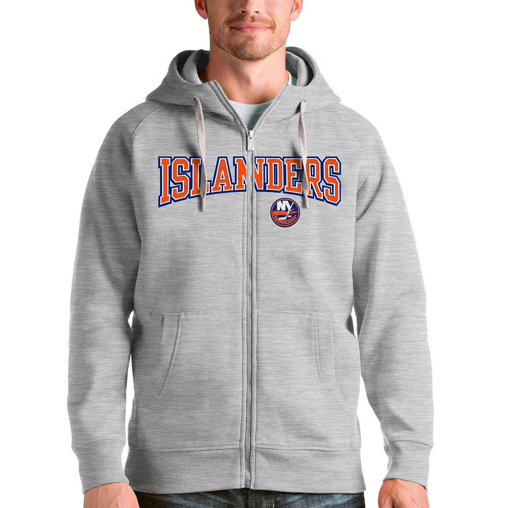 Men's Antigua Heathered Gray New York Islanders Wordmark Victory Full-Zip Hoodie