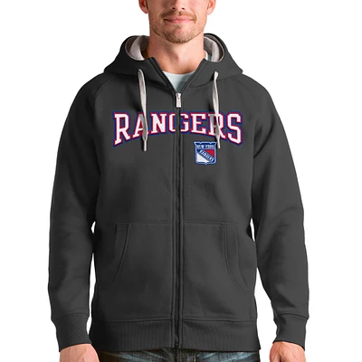 Men's Antigua Charcoal New York Rangers Wordmark Victory Full-Zip Hoodie