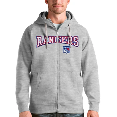 Men's Antigua Heathered Gray New York Rangers Wordmark Victory Full-Zip Hoodie