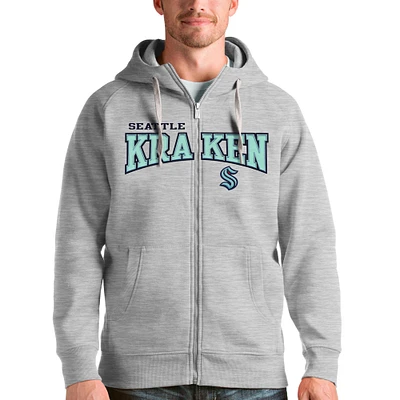 Men's Antigua Heathered Gray Seattle Kraken Wordmark Victory Full-Zip Hoodie