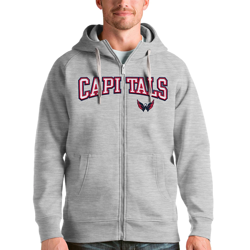Men's Antigua Heathered Gray Washington Capitals Wordmark Victory Full-Zip Hoodie