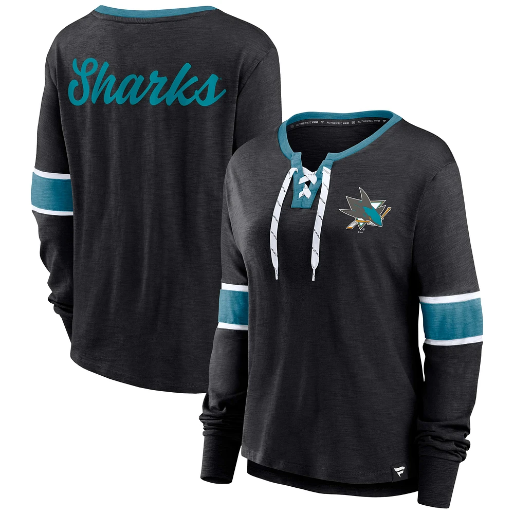 Women's Fanatics Black San Jose Sharks Effervescent Exclusive Notch Neck Lace-Up Long Sleeve Slub T-Shirt