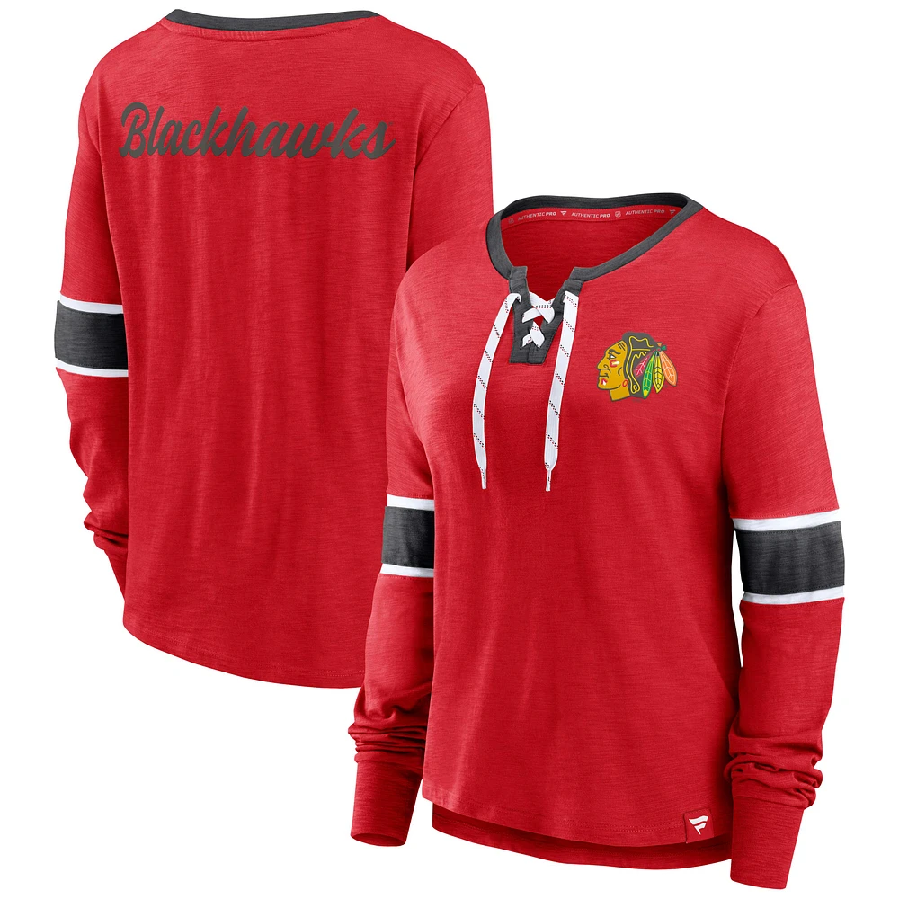 Women's Fanatics Red Chicago Blackhawks Effervescent Exclusive Notch Neck Lace-Up Long Sleeve Slub T-Shirt