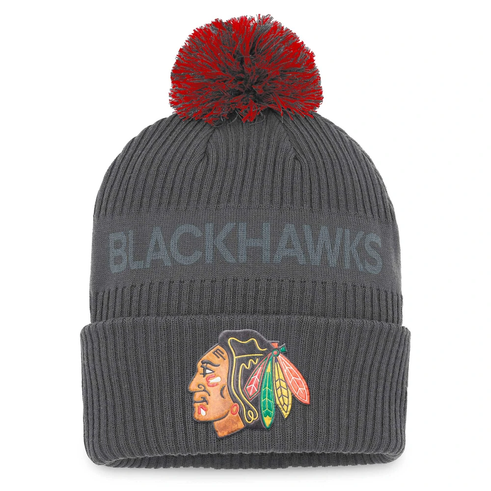 Men's Fanatics Charcoal Chicago Blackhawks Authentic Pro Home Ice Cuffed Knit Hat with Pom