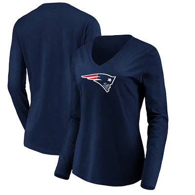 Women's Navy New England Patriots Primary Team Logo Long Sleeve V-Neck T-Shirt