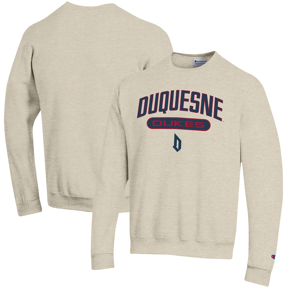 Men's Champion Oatmeal Duquesne Dukes Eco Powerblend Crewneck Pullover Sweatshirt