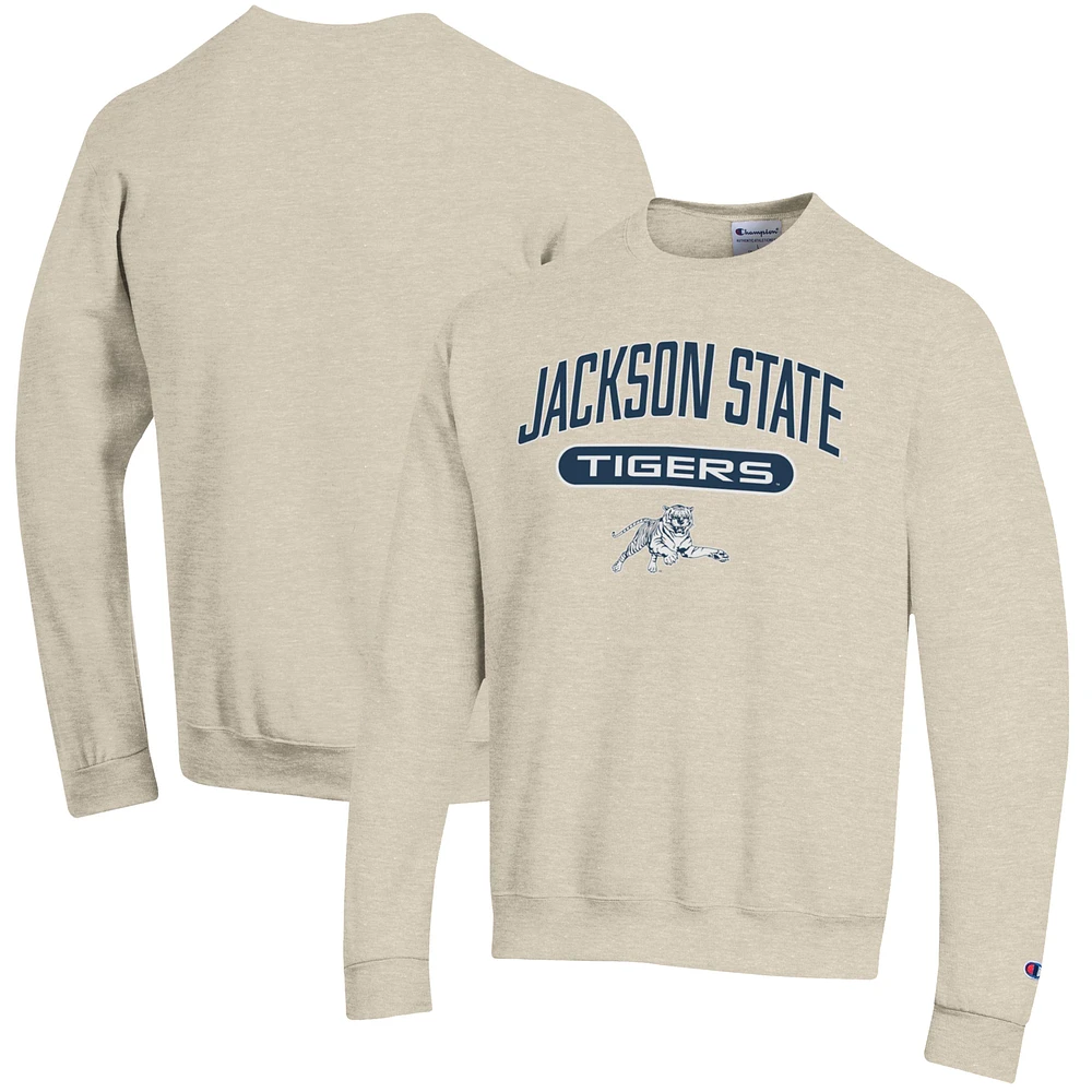 Men's Champion Oatmeal Jackson State Tigers Eco Powerblend Crewneck Pullover Sweatshirt