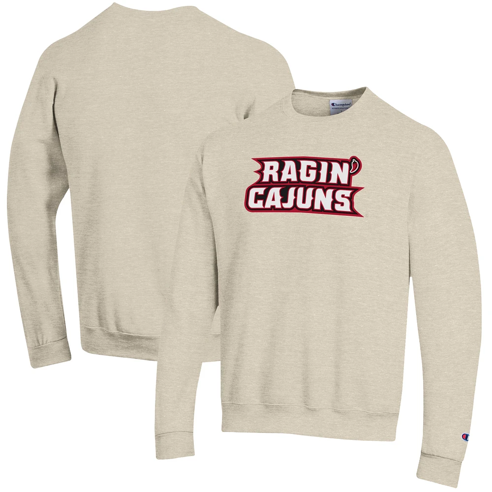 Men's Champion Oatmeal Louisiana Ragin' Cajuns Eco Powerblend Crewneck Pullover Sweatshirt