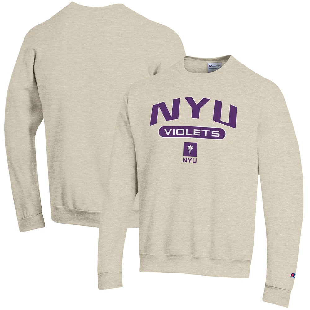 Men's Champion Oatmeal NYU Violets Eco Powerblend Crewneck Pullover Sweatshirt
