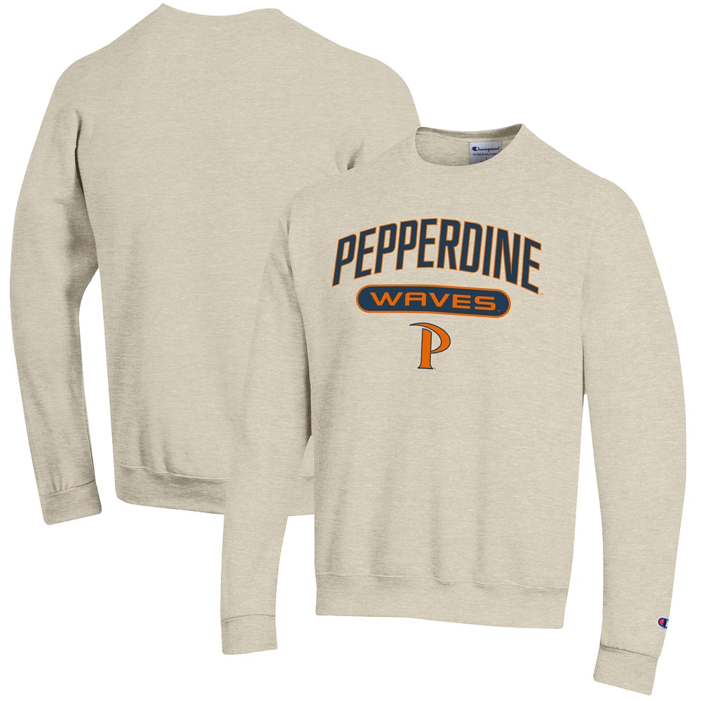 Men's Champion Oatmeal Pepperdine Waves Eco Powerblend Crewneck Pullover Sweatshirt