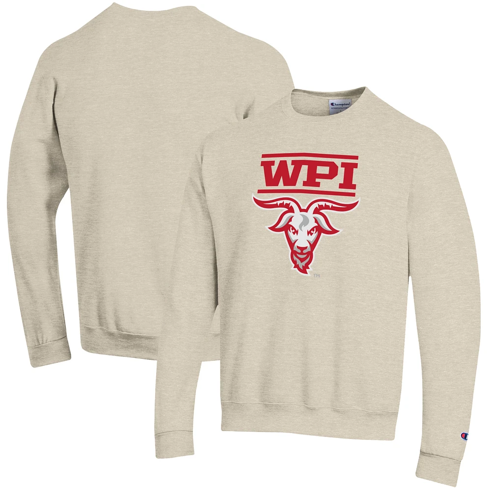 Men's Champion Oatmeal Worcester Polytechnic Institute Engineers Eco Powerblend Crewneck Pullover Sweatshirt