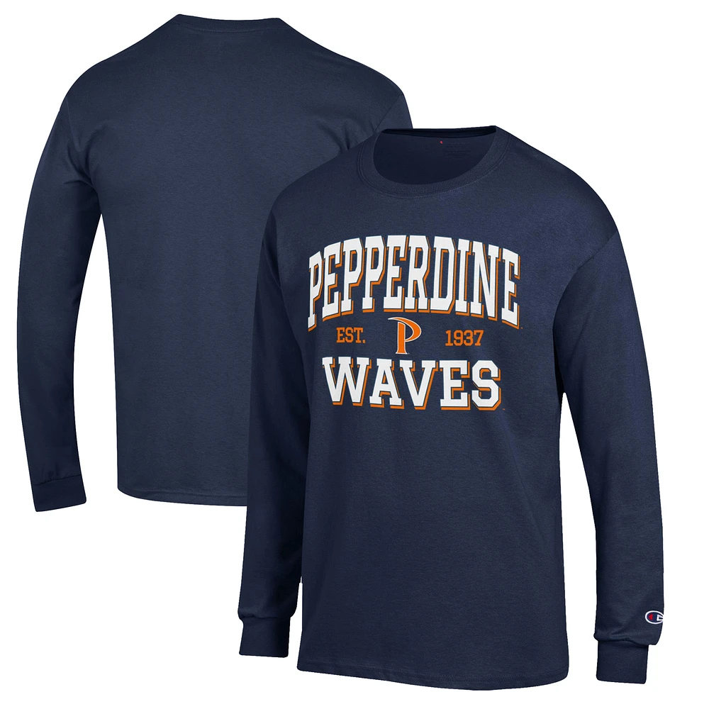 Men's Champion Navy Pepperdine Waves Jersey Long Sleeve T-Shirt