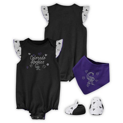 Girls Newborn & Infant Black Colorado Rockies 3-Piece Home Plate Bodysuit Bib Booties Set
