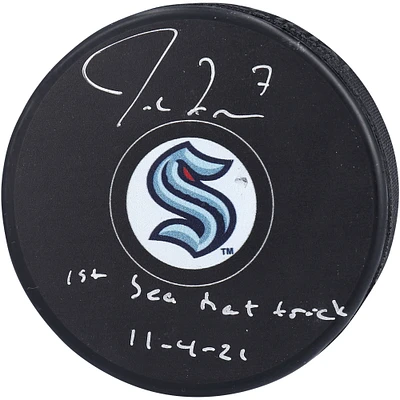 Jordan Eberle Seattle Kraken Autographed Inaugural Season Official Game Puck with ''1st Sea Hat Trick 11-4-21'' Inscription