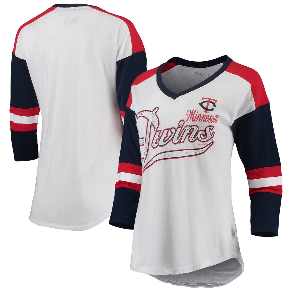 Women's Touch White/Red Minnesota Twins Base Runner 3/4-Sleeve V-Neck T-Shirt