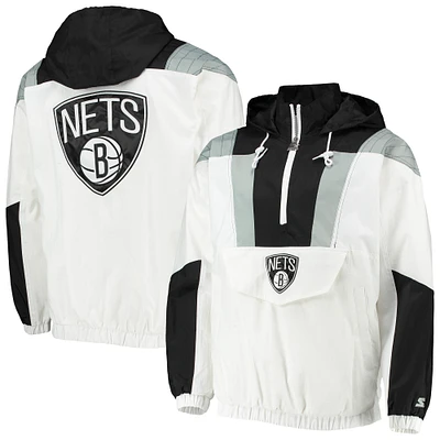 Men's Starter White Brooklyn Nets Striker Crinkle Half-Zip Hoodie Jacket