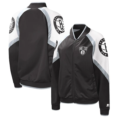 Women's Starter Black/Silver Brooklyn Nets Fan Girl Satin Raglan Full-Zip Jacket