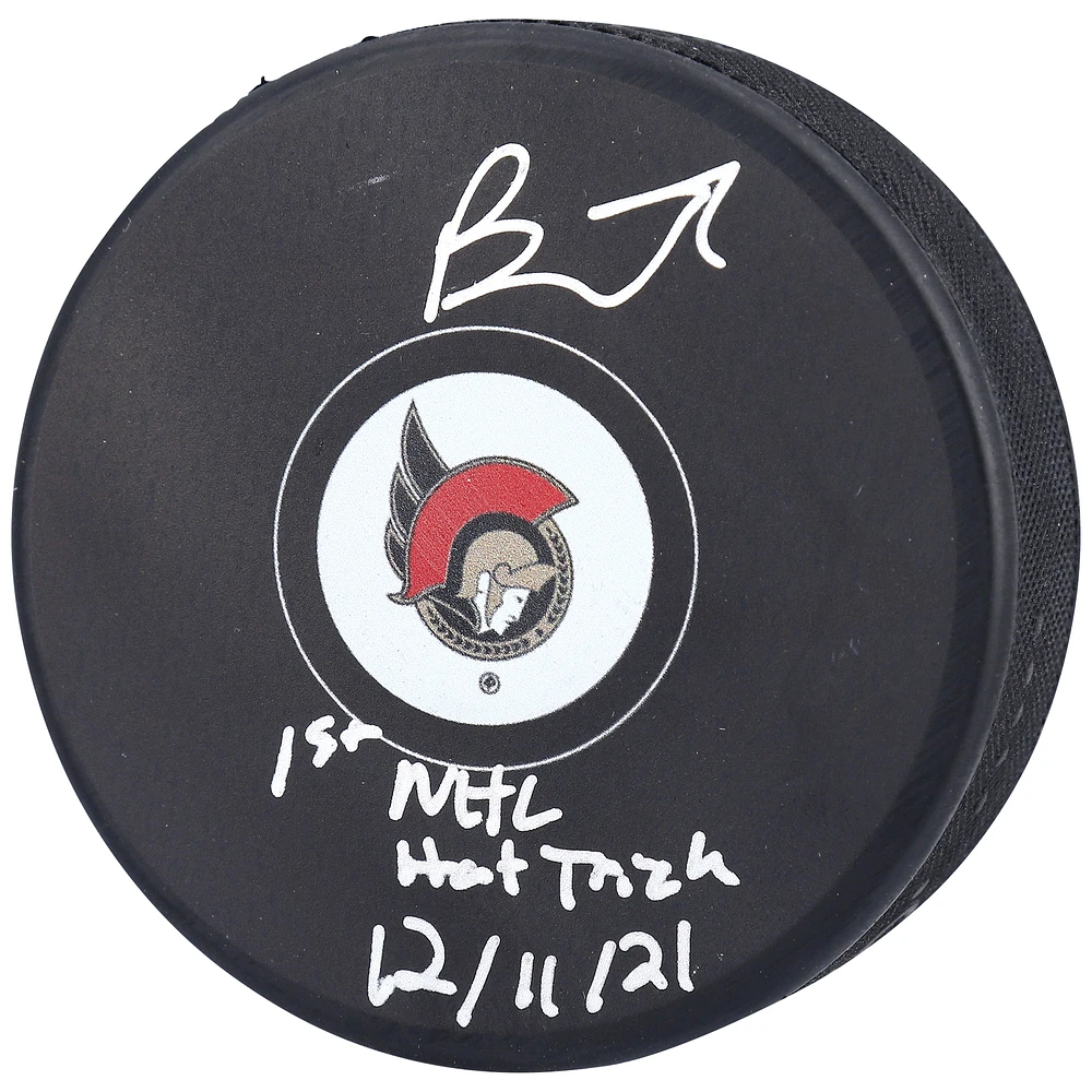 Brady Tkachuk Ottawa Senators Autographed Hockey Puck with "1st NHL Hat Trick 12/11/21" Inscription