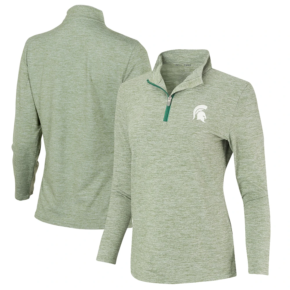 Women's Heathered Green Michigan State Spartans Peached Marled Yarn Quarter-Zip Pullover Jacket