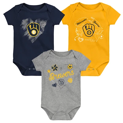 Infant Navy/Gold/Gray Milwaukee Brewers Batter Up 3-Pack Bodysuit Set